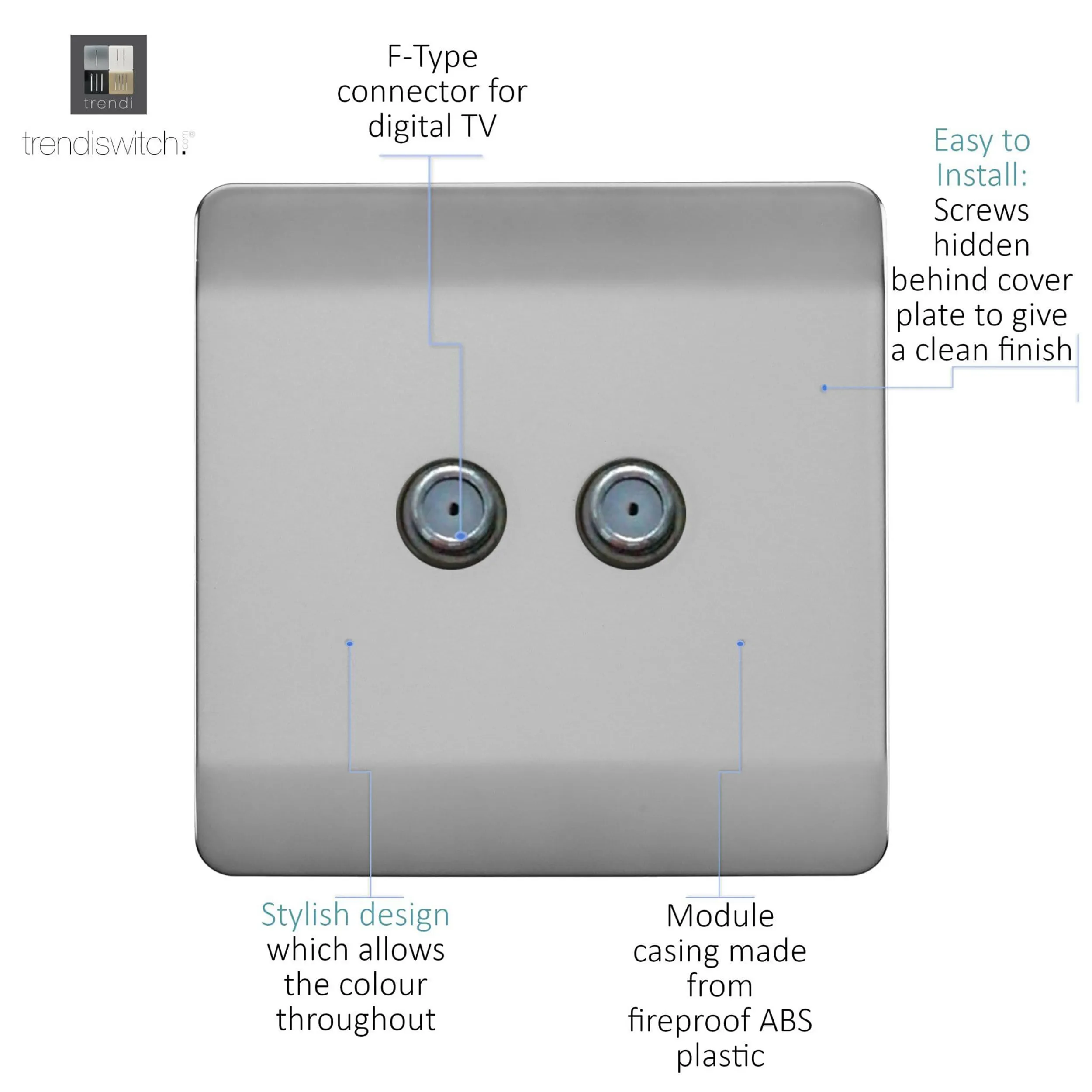 2 Gang F-Type Satellite Televison Socket Brushed Steel ART-2SATBS  Trendi Brushed Steel